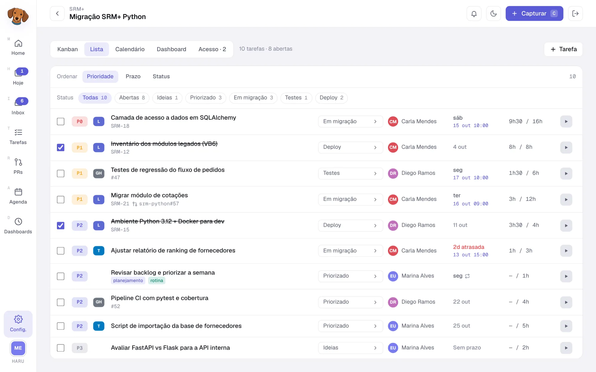 Visão Lista do projeto com as tarefas em linhas e os filtros de etapa