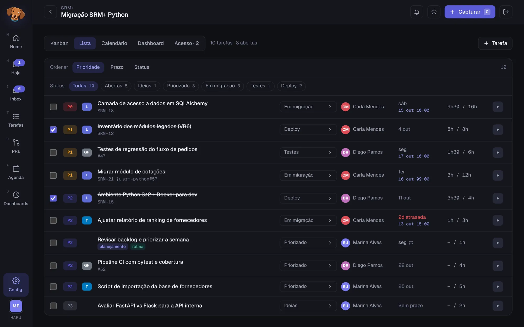 Visão Lista do projeto com as tarefas em linhas e os filtros de etapa