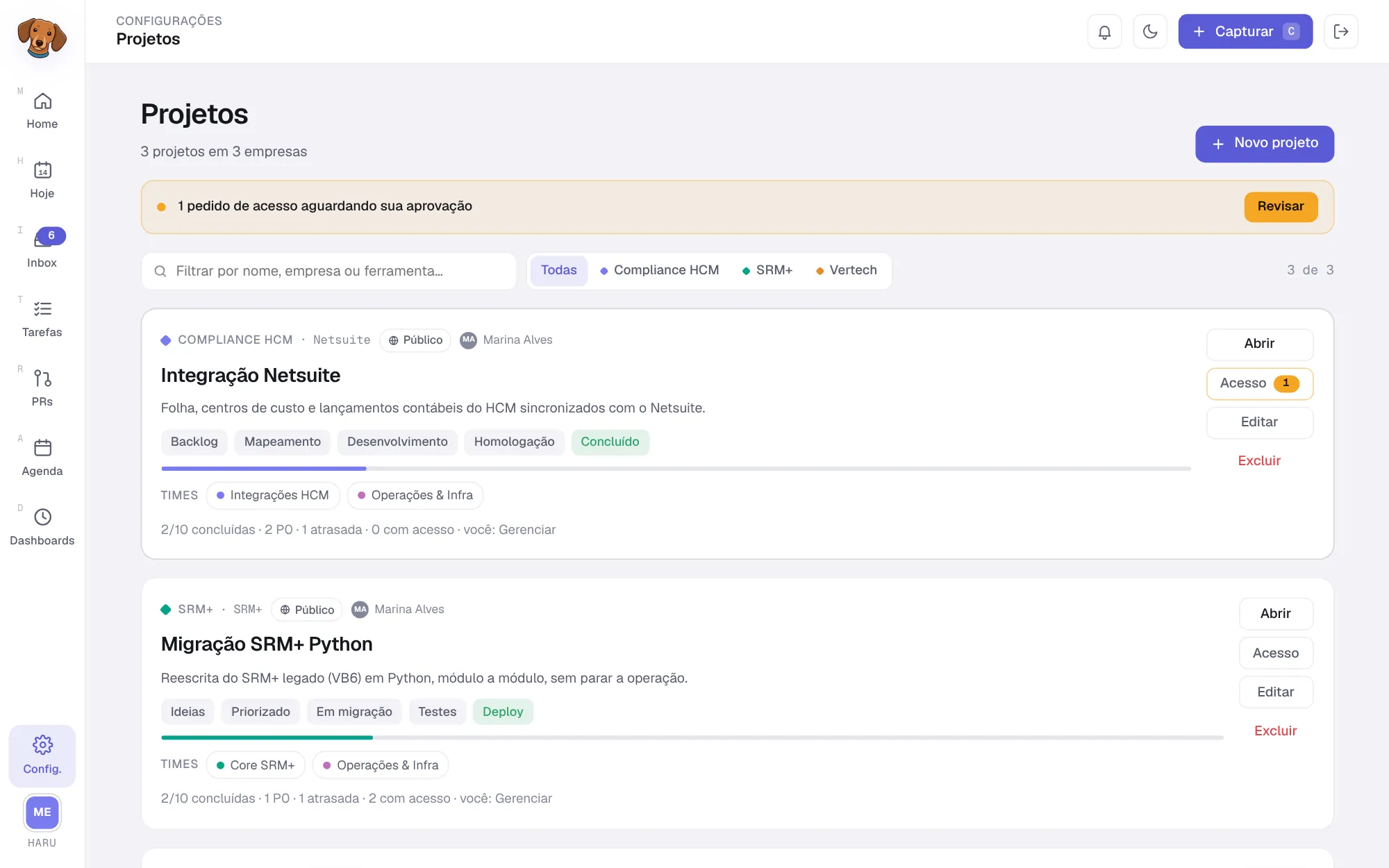 Lista de projetos com o filtro por empresa, o aviso de um pedido de acesso aguardando aprovação e cada projeto com empresa, visibilidade, dono, colunas, progresso e times