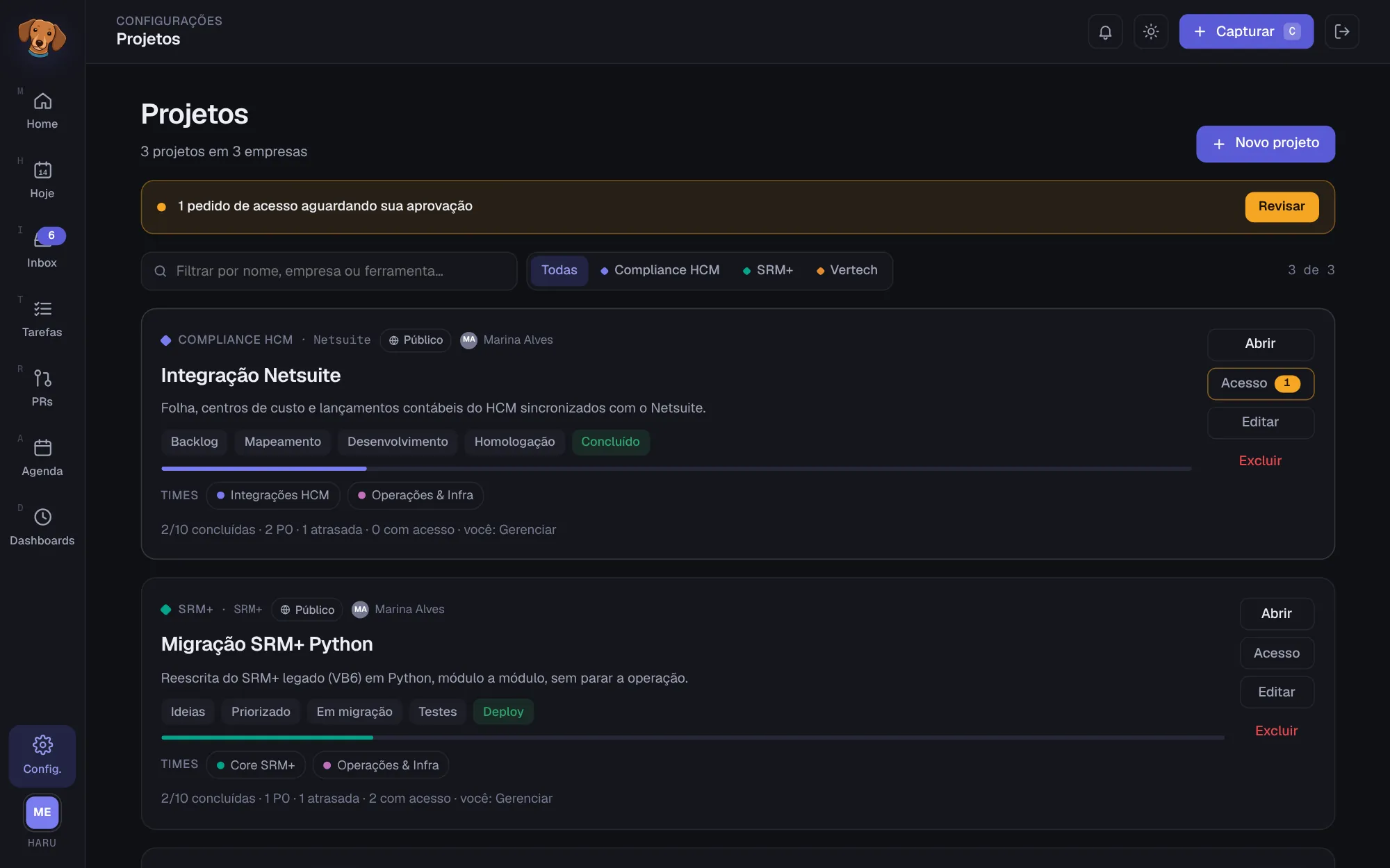 Lista de projetos com o filtro por empresa, o aviso de um pedido de acesso aguardando aprovação e cada projeto com empresa, visibilidade, dono, colunas, progresso e times