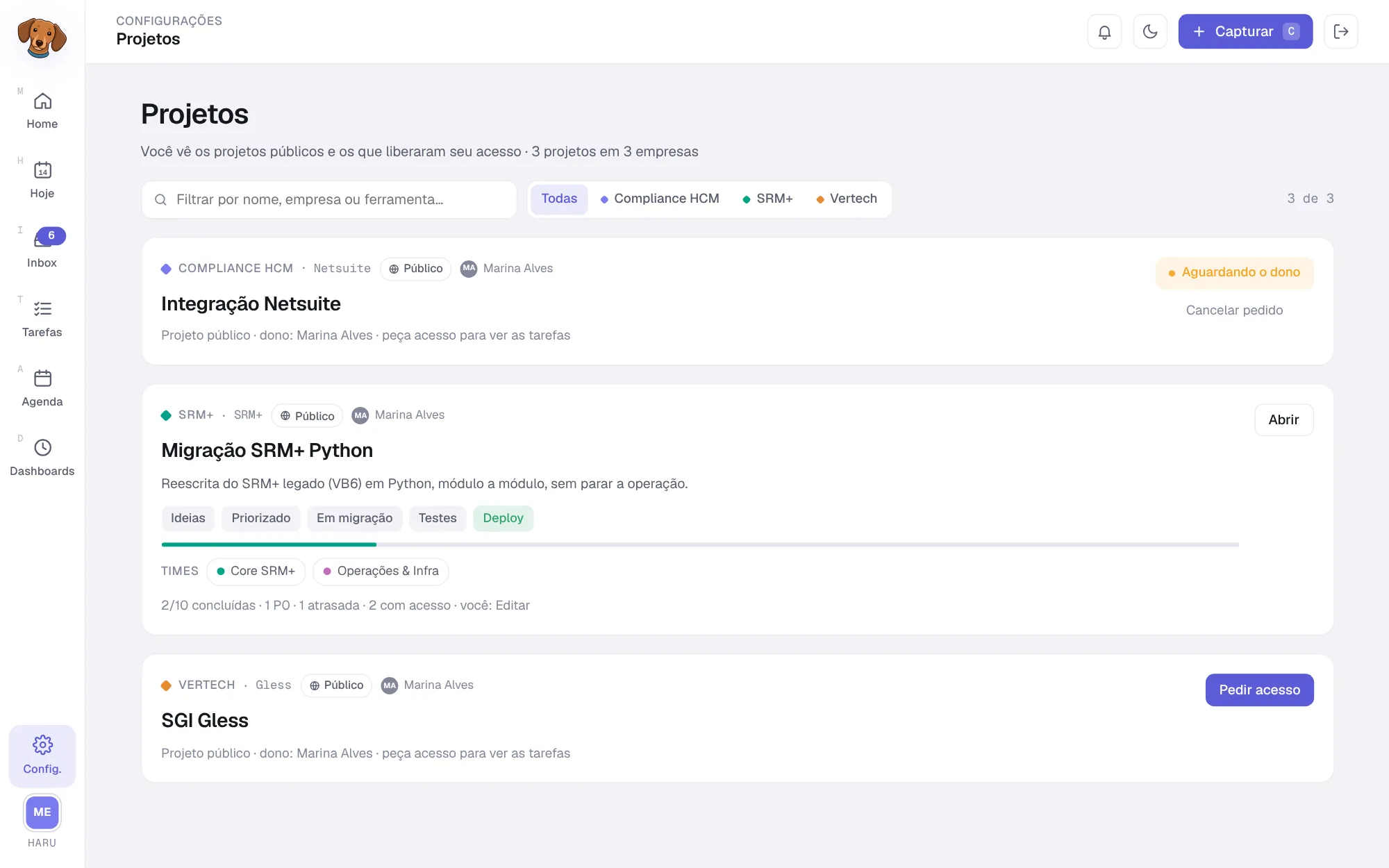 Lista de projetos vista por um Membro, com um projeto aguardando o dono, um projeto aberto com acesso Editar e um projeto com o botão Pedir acesso