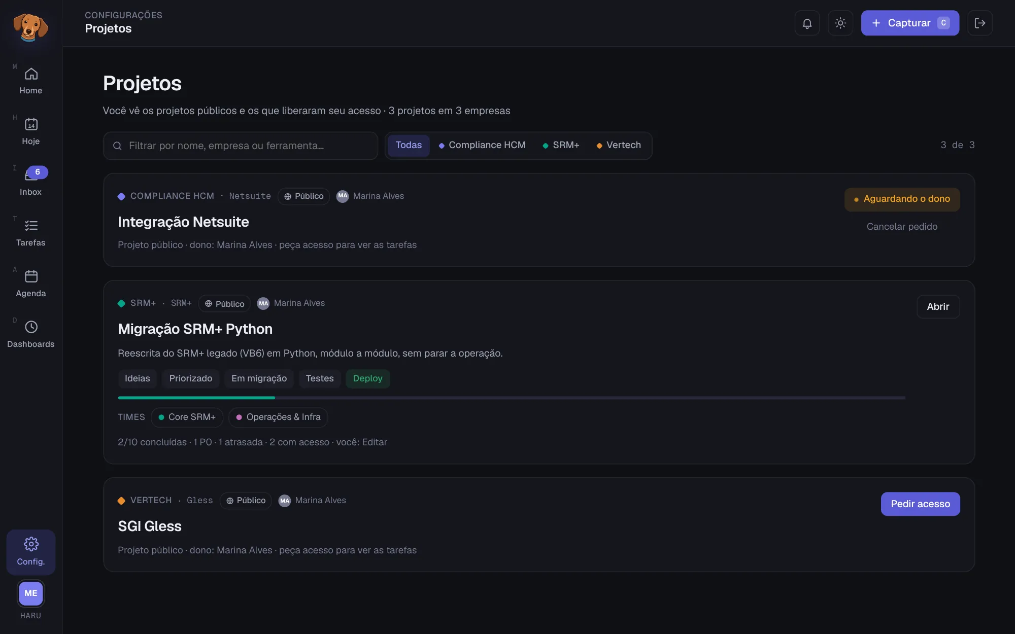 Lista de projetos vista por um Membro, com um projeto aguardando o dono, um projeto aberto com acesso Editar e um projeto com o botão Pedir acesso