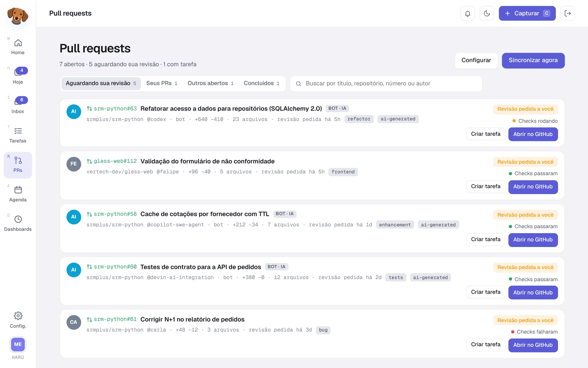 Tela Pull requests com os filtros de situação (Aguardando sua revisão, Seus PRs, Outros abertos e Concluídos), de projeto e de repositório e a lista de PRs com repositório, número, autor, labels, estado da revisão, checks e os botões Criar tarefa e Abrir no GitHub