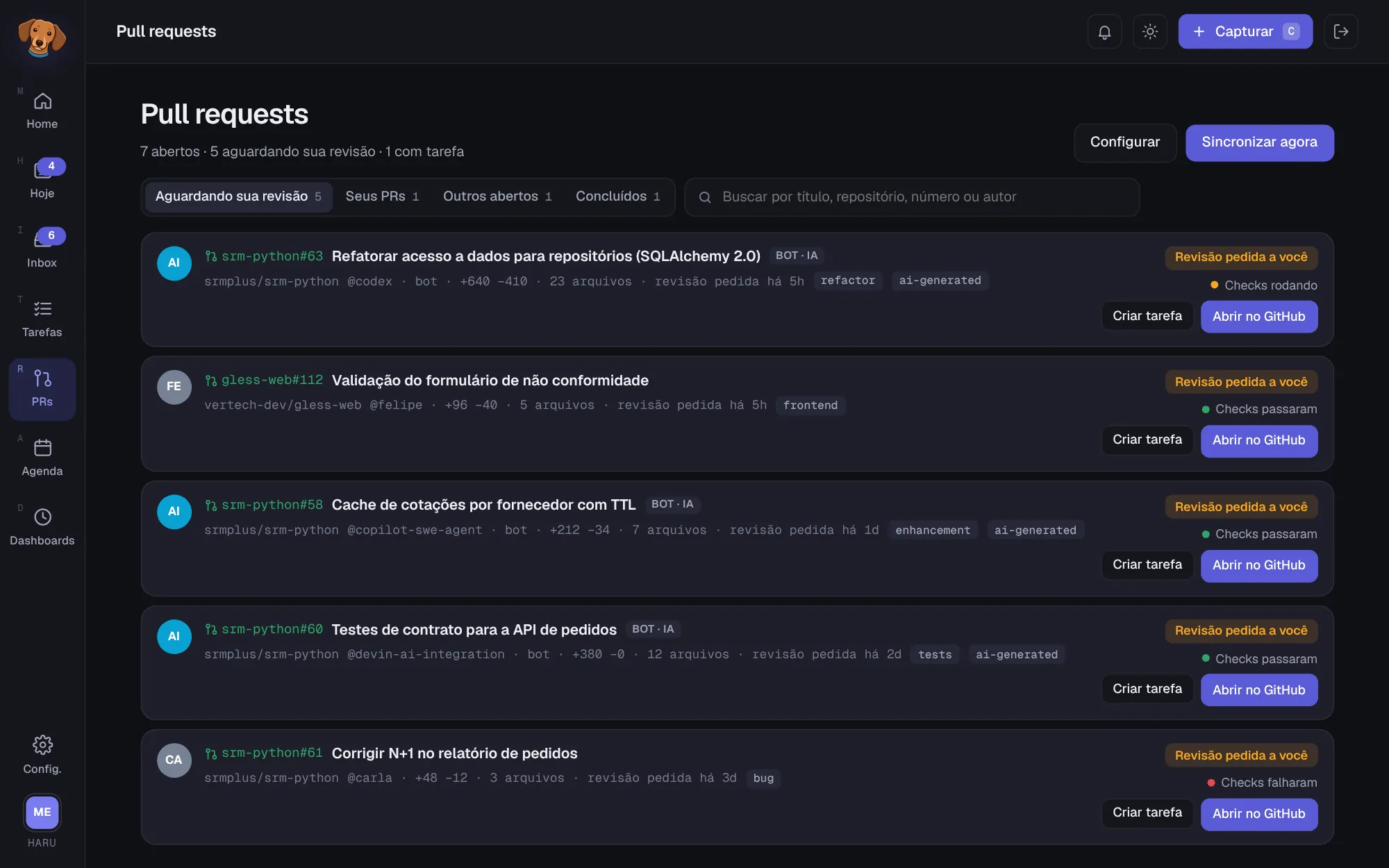 Tela Pull requests com os filtros de situação (Aguardando sua revisão, Seus PRs, Outros abertos e Concluídos), de projeto e de repositório e a lista de PRs com repositório, número, autor, labels, estado da revisão, checks e os botões Criar tarefa e Abrir no GitHub