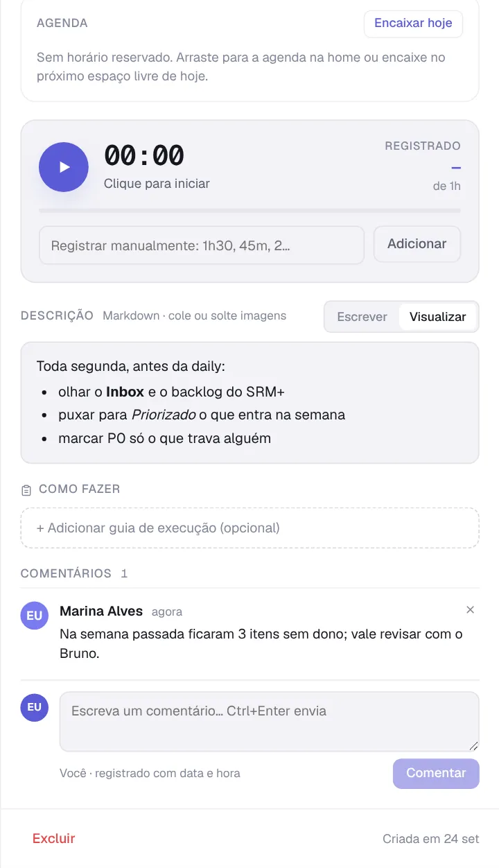 Bloco de tempo no painel da tarefa, com o botão de play, o relógio, as horas registradas sobre a estimativa e o campo Registrar manualmente