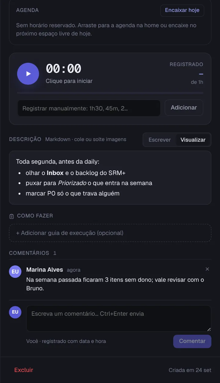 Bloco de tempo no painel da tarefa, com o botão de play, o relógio, as horas registradas sobre a estimativa e o campo Registrar manualmente