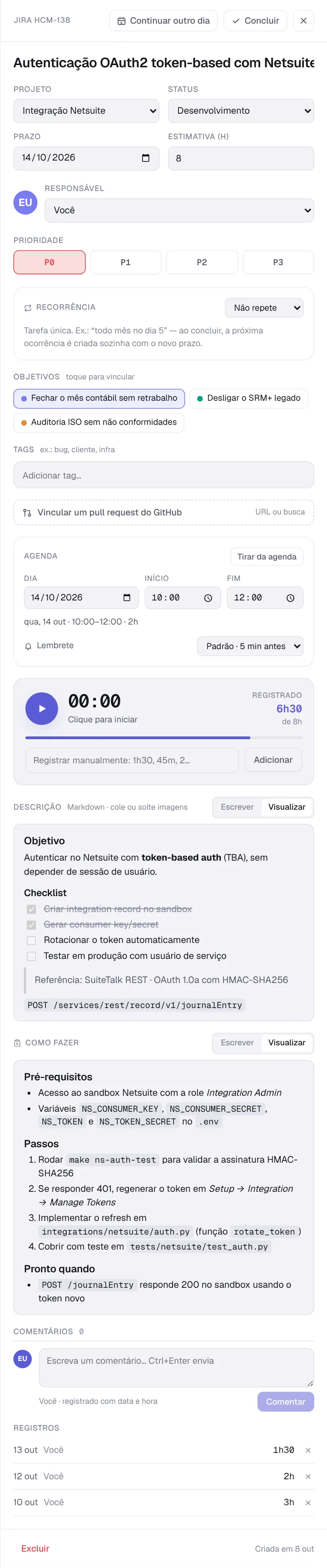 Painel de uma tarefa importada do Jira, com o aviso de que título, descrição, prazo, responsável e projeto são editados no Jira
