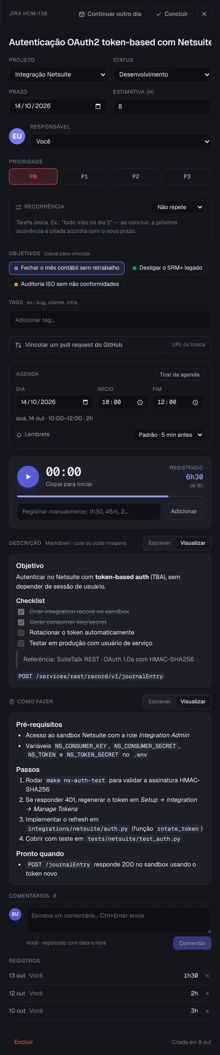 Painel de uma tarefa importada do Jira, com o aviso de que título, descrição, prazo, responsável e projeto são editados no Jira