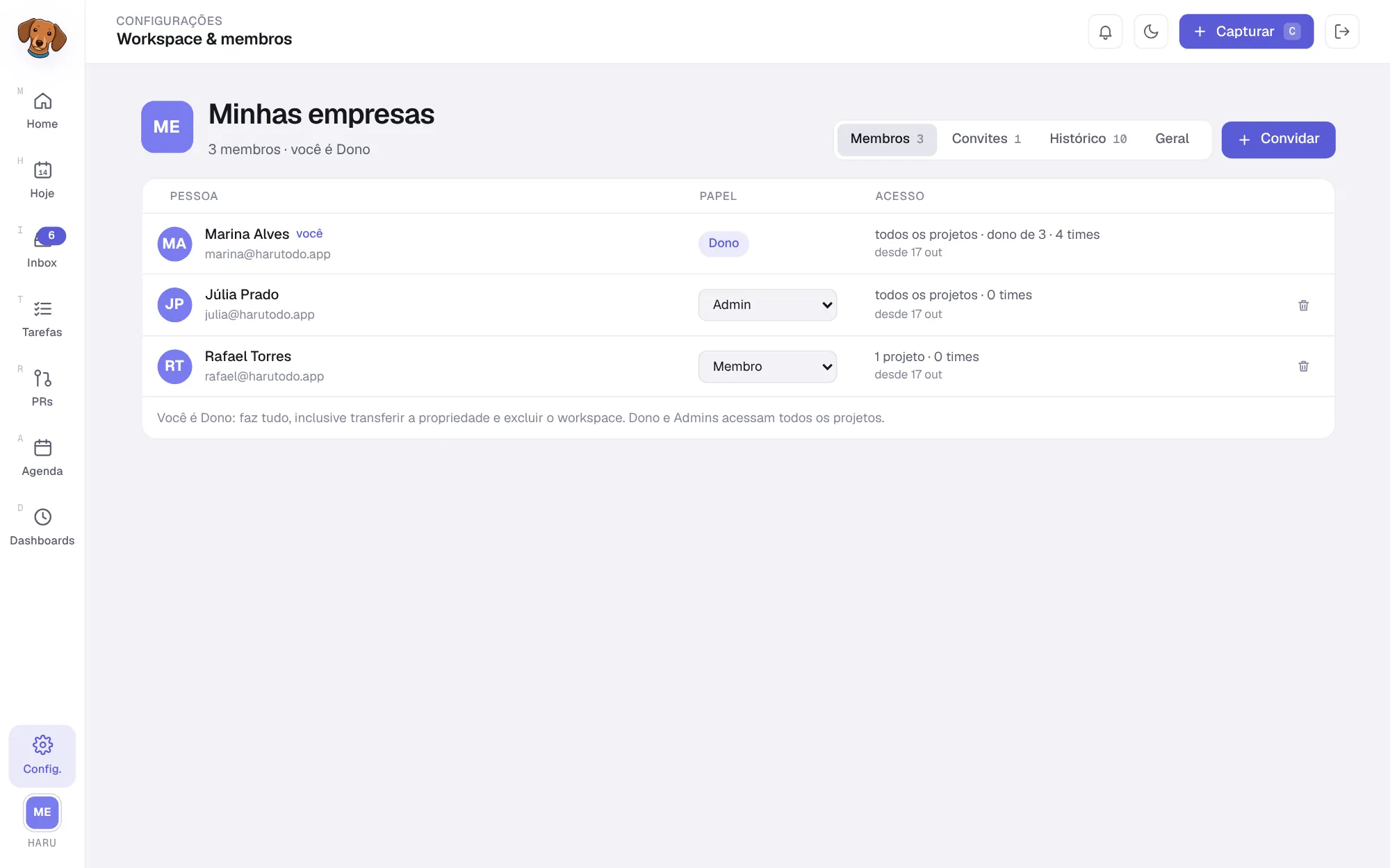 Tela Workspace e membros na aba Membros, com três pessoas, os papéis Dono, Admin e Membro e o acesso de cada uma