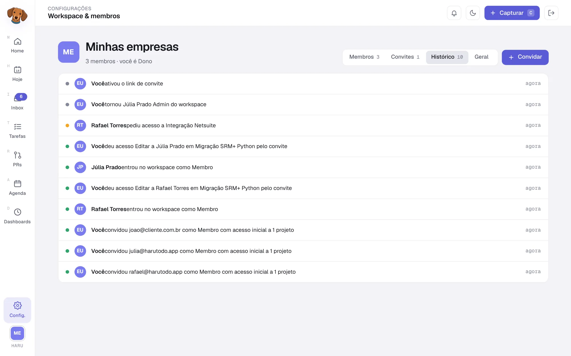 Aba Histórico com as entradas: ativou o link de convite, tornou Júlia Prado Admin, Rafael Torres pediu acesso a Integração Netsuite, deu acesso Editar, entrou no workspace e convites enviados