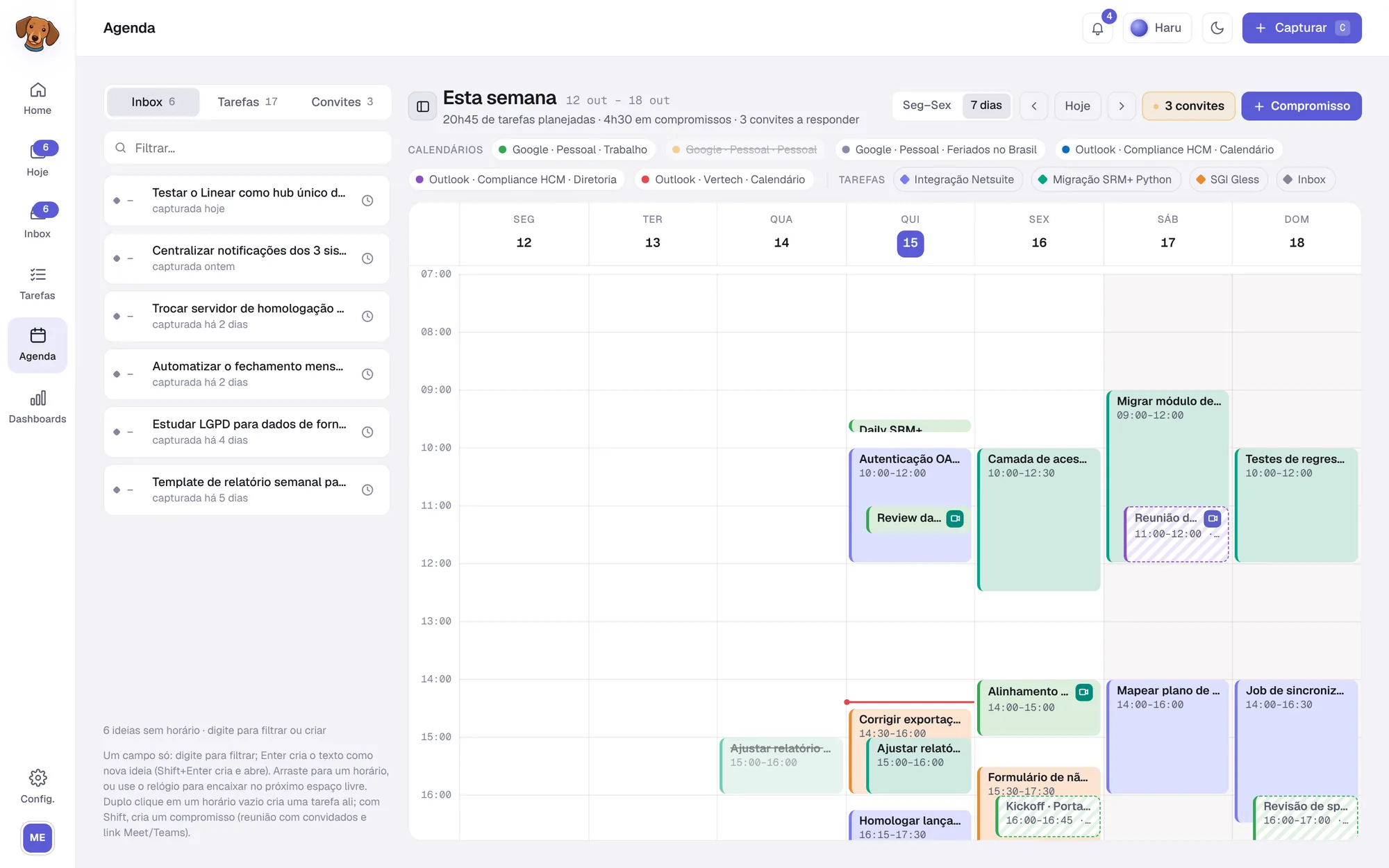 Agenda semanal do Haru, tema claro, com compromissos de vários calendários e tarefas planejadas como blocos