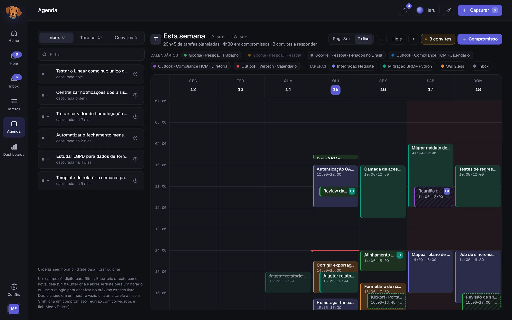 Agenda semanal do Haru com compromissos de vários calendários e tarefas planejadas como blocos, e a lista do Inbox ao lado para arrastar