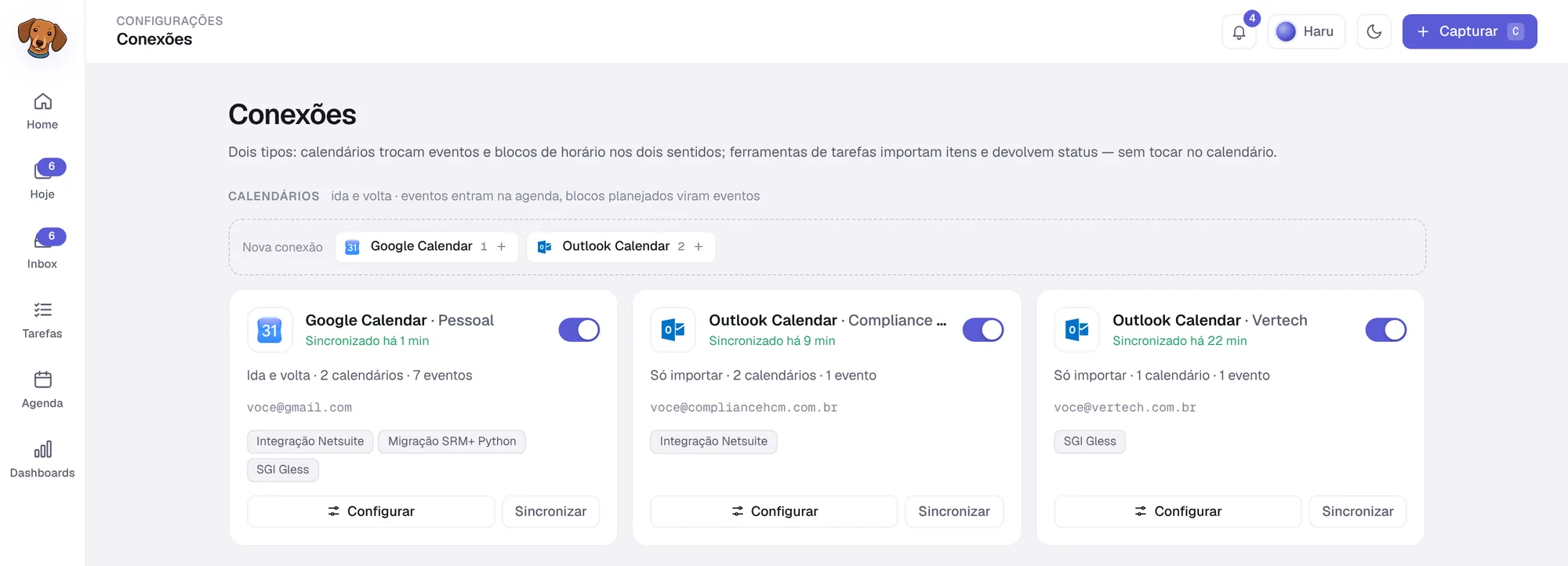 Tela de Conexões, tema claro, com um Google Calendar e dois Outlook Calendar conectados