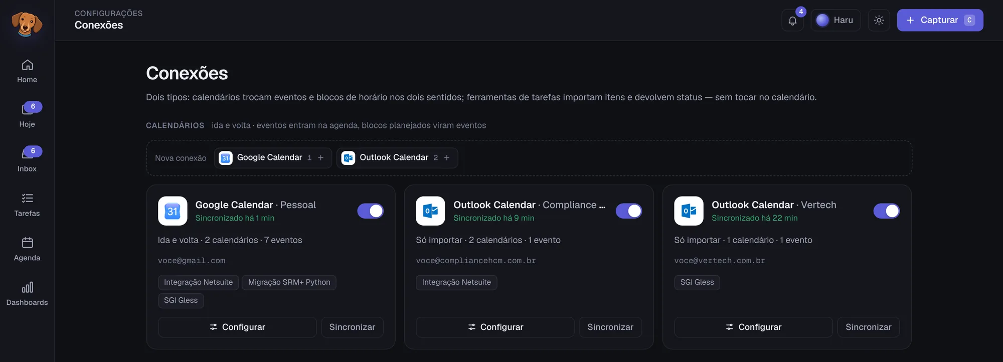 Tela de Conexões com um Google Calendar e dois Outlook Calendar conectados, cada um com sua direção de sincronização