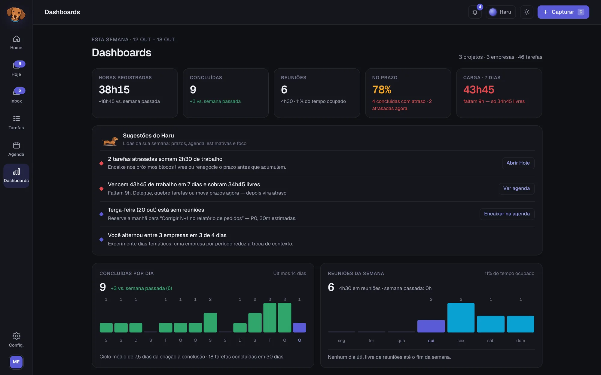 Dashboards do Haru com o tempo da semana por projeto e indicadores