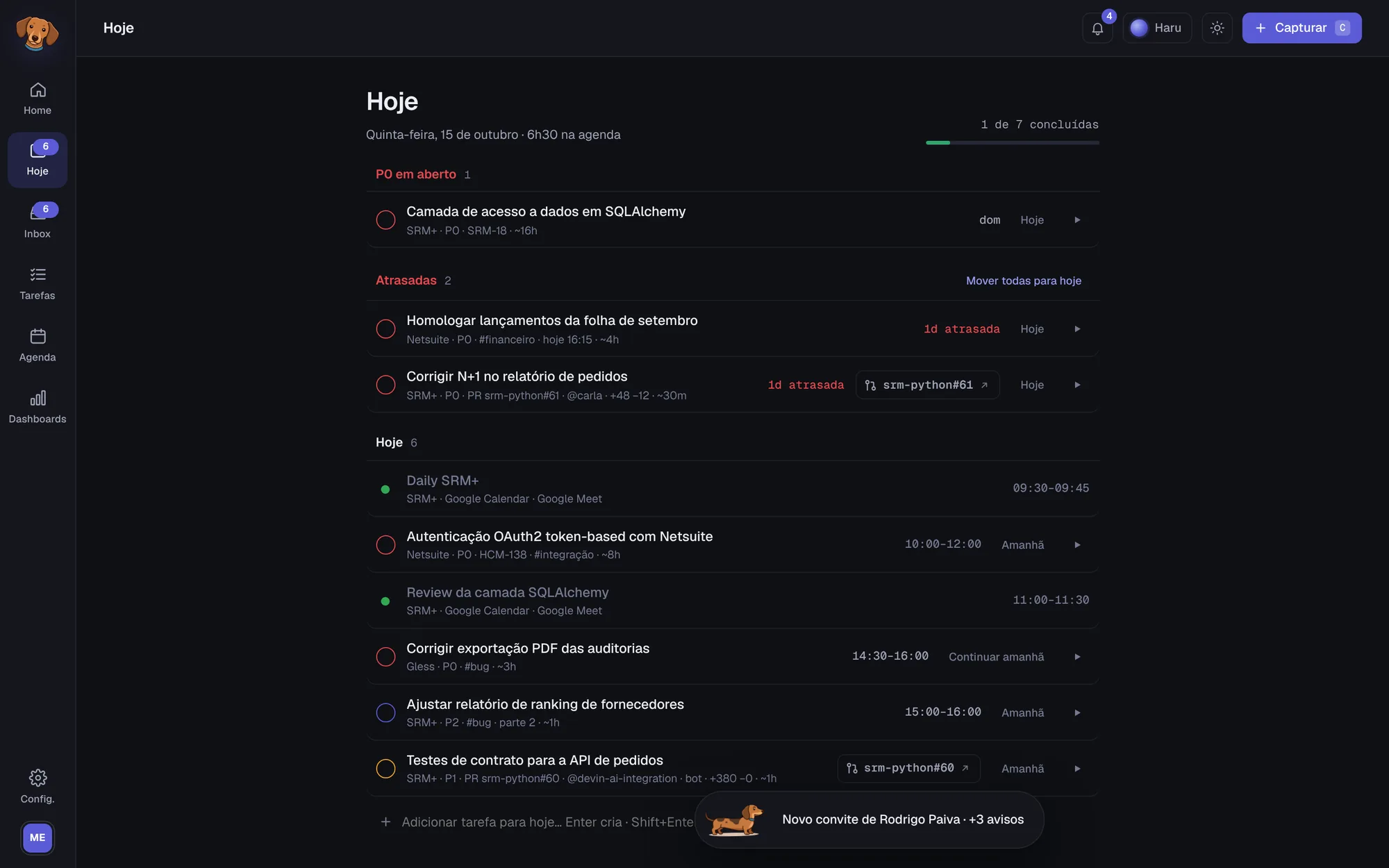 Tela Hoje do Haru no tema escuro: P0 em aberto, atrasadas e as tarefas de hoje com horário