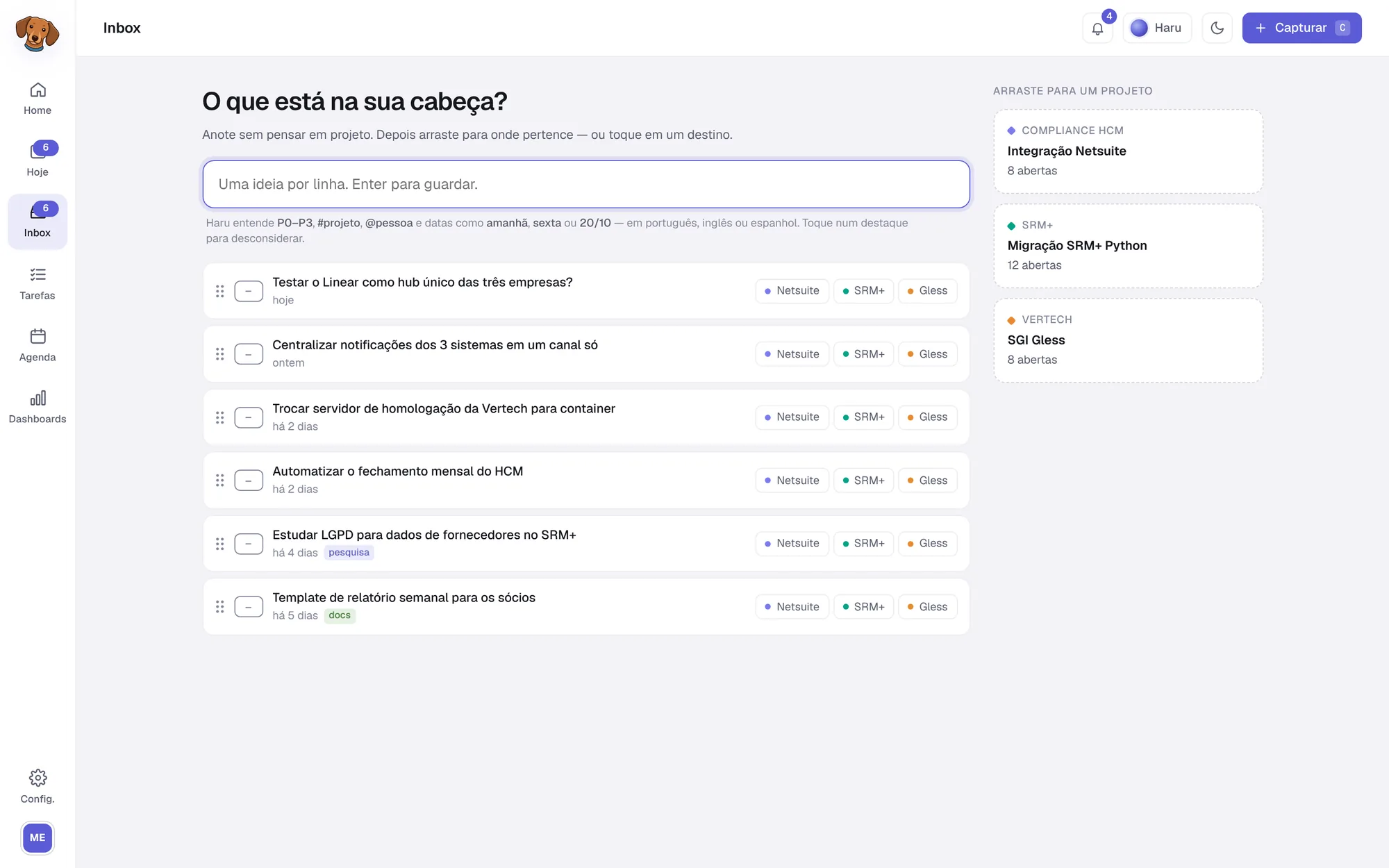Tela do Inbox, tema claro, com ideias capturadas e os projetos como alvos de arrastar