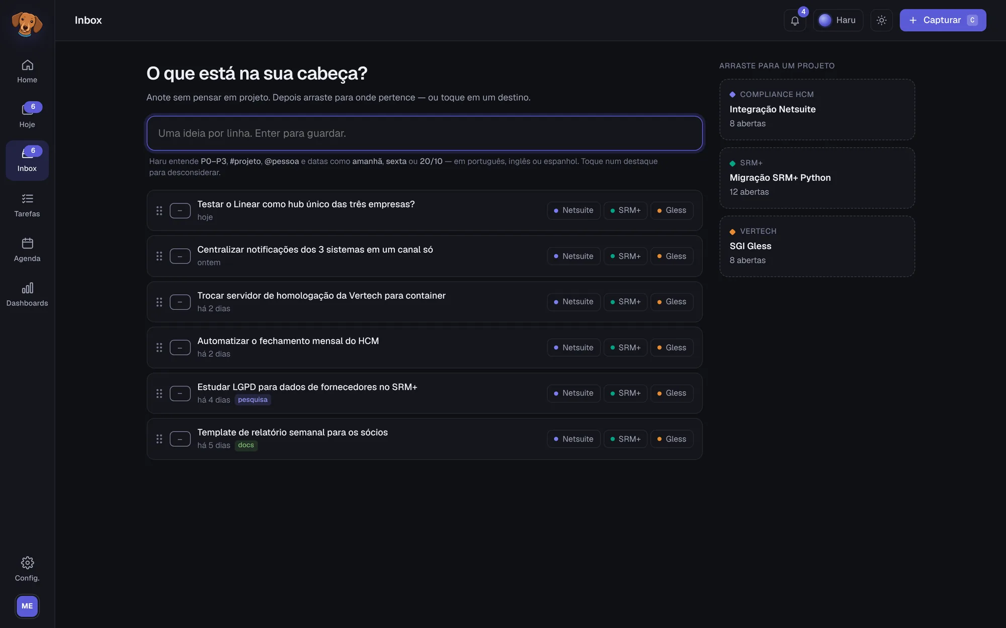Tela do Inbox com ideias capturadas e os projetos como alvos de arrastar