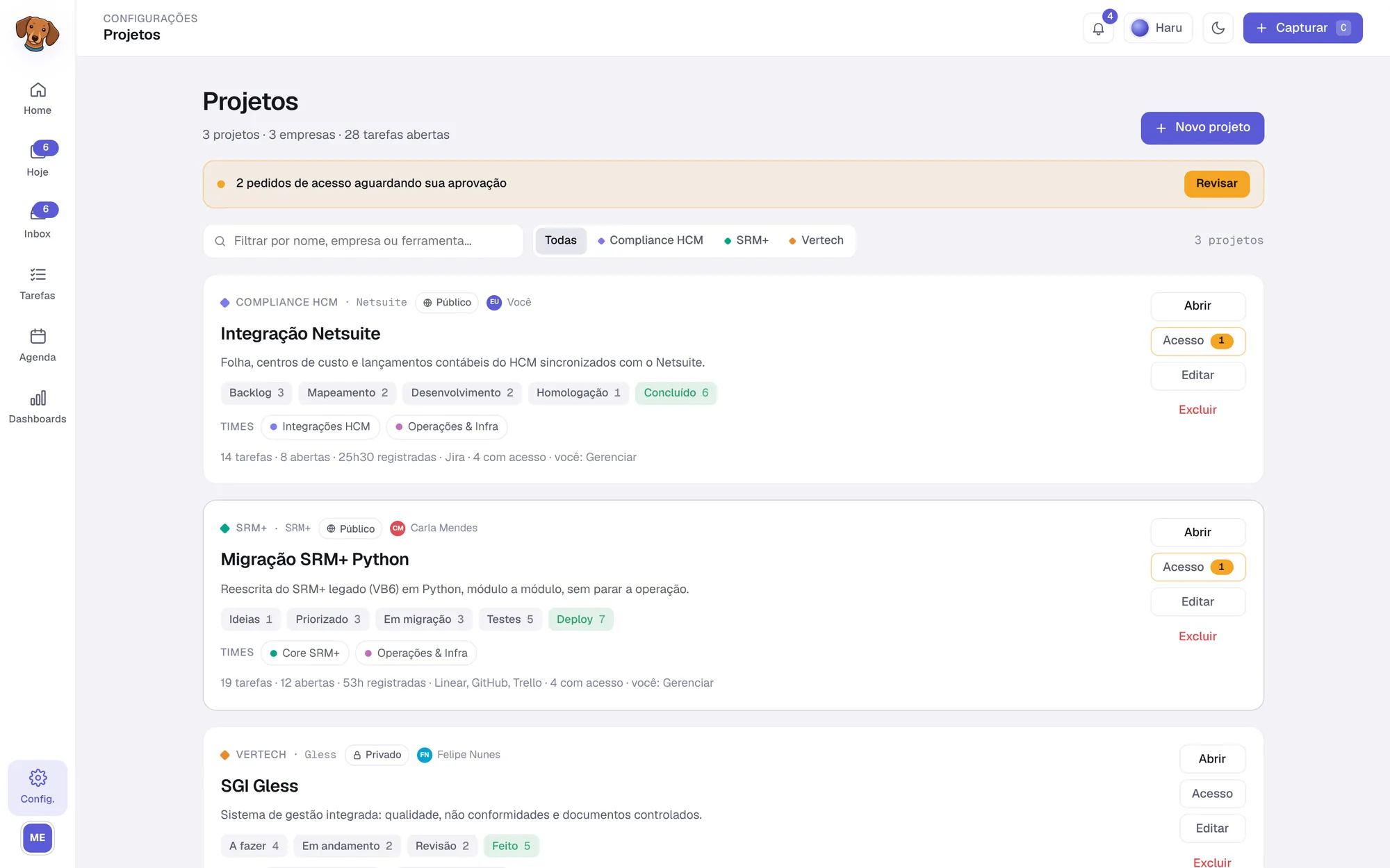 Tela de Projetos do Haru, tema claro, com empresas, projetos e progresso