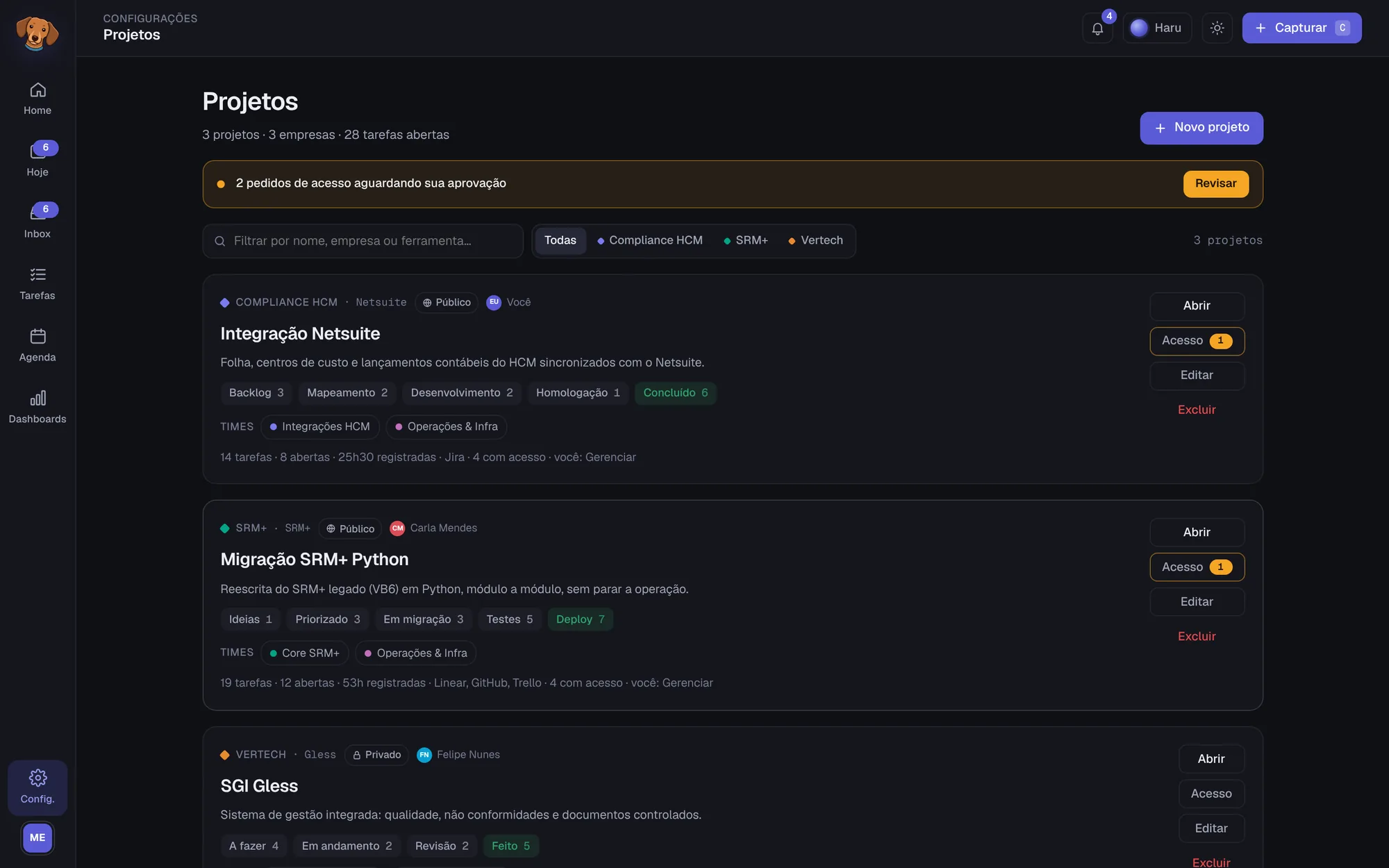 Tela de Projetos do Haru com empresas, projetos e progresso